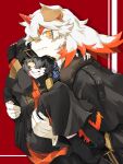  aak_(arknights) anthro arknights black_body black_hair canid canine canis carrying clothed clothing domestic_dog duo felid fur hair hat headgear headwear hi_res horn hung_(arknights) hypergryph male mammal multicolored_body multicolored_fur multicolored_hair necktie orange_body short_hair smile studio_montagne video_games white_body white_fur white_hair yellow_eyes zebra_vz 