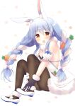  1girl :o animal_ear_fluff animal_ears bangs bare_shoulders black_gloves black_legwear black_leotard blue_hair blush braid breasts bunny-shaped_pupils bunny_ears carrot_hair_ornament clothing_cutout coat detached_sleeves don-chan_(usada_pekora) food_themed_hair_ornament full_body fur-trimmed_coat fur-trimmed_gloves fur_scarf fur_trim garters gloves hair_between_eyes hair_ornament highres hikimayu hololive leotard leotard_under_clothes long_hair mary_janes multicolored_hair open_mouth orange_eyes pantyhose puffy_short_sleeves puffy_sleeves scarf shoes short_eyebrows short_sleeves single_garter sitting small_breasts solo strapless strapless_coat strapless_leotard thick_eyebrows tsukiji twin_braids twintails two-tone_hair underboob_cutout upper_teeth usada_pekora virtual_youtuber white_coat white_footwear white_hair white_scarf white_sleeves 