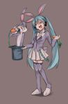  1boy 1girl animal_ears bangs belt blue_eyes blue_hair bow bowtie brown_background bugs_bunny bunny_ears bunny_tail collared_shirt full_body gloves hair_between_eyes hat hatsune_miku headphones headset highres himuhino holding holding_clothes holding_hat long_hair looking_at_another looney_tunes microphone miniskirt open_mouth purple_legwear raised_eyebrow shirt simple_background skirt suit_jacket tail thighhighs top_hat twintails very_long_hair vocaloid whiskers white_gloves white_neckwear white_shirt white_skirt zettai_ryouiki 