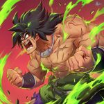  1boy abs angry aura biceps black_hair broly_(dragon_ball_super) clenched_hands dragon_ball dragon_ball_super dragon_ball_super_broly highres muscular muscular_male nicola_saviori open_mouth pants pectorals pelt purple_pants saliva scar scar_on_cheek scar_on_chest scar_on_face shirtless shouting solo spiked_hair veins wristband 