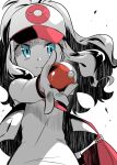  1girl bag baseball_cap black_wristband chida_daisuke closed_mouth commentary_request eyelashes floating_hair hat hilda_(pokemon) holding holding_poke_ball long_hair looking_at_viewer open_clothes open_vest pink_bag poke_ball poke_ball_(basic) pokemon pokemon_(game) pokemon_bw shirt shoulder_bag sidelocks sleeveless sleeveless_shirt solo upper_body vest wristband 