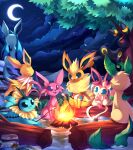  2018 absurd_res ambiguous_gender candy cloud crescent_moon dessert detailed_background eeveelution espeon feral fire flareon food fur glaceon group hi_res jolteon kaleido-art leaf leafeon log marshmallow moon night nintendo open_mouth open_smile plant pok&eacute;mon pok&eacute;mon_(species) sitting sky smile star starry_sky sylveon tree tuft umbreon vaporeon video_games wood 