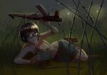  1girl ak-47 assault_rifle barbed_wire belt black_hair black_shorts brown_eyes brown_legwear check_weapon claymore_(mine) erica_(naze1940) explosive flare glasses grass gun highres lying mine_(weapon) night on_side original outdoors rifle short_hair shorts socks solo topless viet_cong vietnam_war weapon 