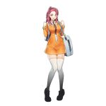  1girl blush breasts choney dress full_body last_origin looking_at_viewer necktie official_art one_eye_closed one_side_up open_mouth orange_dress orangeade_(last_origin) pink_hair purple_eyes red_hair see-through smile solo thighhighs transparent_background white_legwear 