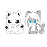  ambiguous_gender anthro blue_eyes blush canid canine canis changed_(video_game) chano duo fin fish fur grey_body hair hybrid looking_at_viewer male mammal marine pawpads shark shark_tail squid_dog_(changed) stripes tentacles the_shark_(changed) white_body white_fur white_hair 