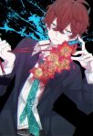  1boy black_background black_jacket blazer blue_neckwear eiku flower green_eyes hair_between_eyes hands_up hibiscus highres holding hypnosis_mic jacket kannonzaka_doppo lanyard long_sleeves looking_at_viewer male_focus necktie paint_splatter parted_lips red_hair red_neckwear shirt solo striped striped_shirt vertical-striped_shirt vertical_stripes white_shirt 