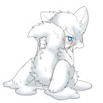  3_fingers anthro blue_eyes blush canid canine canis changed_(video_game) chano fingers fur goo_transformation holding_tail lin_(changed) male mammal messy puddle simple_background sitting slime solo transformation white_background white_body white_fur wolf 