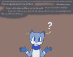  2021 anthro blue_body blue_eyes blue_scales bodily_fluids confused_face confused_look confusion cute_expression cute_eyes cute_face english_text female kobold lazuli_(ritzcat) looking_at_viewer paws ritzcat scales solo standing surprise sweat sweatdrop text wall_(disambiguation) white_body white_scales 
