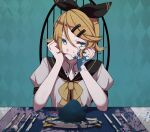  1girl argyle argyle_background blonde_hair blue_blood blue_eyes bow commentary crypton_future_media eiku eyebrows_visible_through_hair eyes_visible_through_hair food hair_ornament hair_ribbon hairclip head_on_hand heart_(organ) kagamine_rin knife looking_at_viewer neckerchief paint paint_splatter piapro plate puffy_short_sleeves puffy_sleeves ribbon sailor_collar shirt short_hair short_sleeves slit_pupils solo spoon vocaloid white_shirt yellow_neckwear 