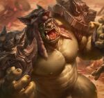  5_fingers 6suan armor barely_visible_genitalia biceps blizzard_entertainment fangs fingers genitals green_body green_skin hi_res humanoid male muscular muscular_male nipples orc penis pubes rehgar screaming teeth tongue video_games warcraft 