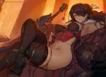  1girl arm_up armpits bad_anatomy beidou_(genshin_impact) black_hair black_legwear boots breasts cutesexyrobutts earrings eyepatch genshin_impact high_heels jewelry large_breasts light_smile long_hair lying on_back parted_lips red_eyes solo sunlight thick_thighs thighs wide_hips 