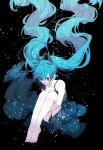  1girl air_bubble aqua_eyes aqua_hair bare_legs bare_shoulders barefoot black_background black_dress blue_eyes breasts bubble cleavage collarbone dress eiku fetal_position floating_hair hatsune_miku highres layered_dress leg_hug legs long_hair parted_lips solo twintails underwater very_long_hair vocaloid 