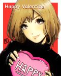  1girl absurdres bangs black_sweater box brown_eyes brown_hair candy chocolate chocolate_heart food happy_valentine head_tilt heart highres holding holding_box light_blush looking_at_viewer medium_hair moyan original procreate_(medium) sleeves_past_wrists smile solo sweater valentine 