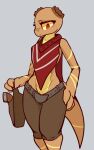  4_fingers anthro belt broken_horn clothed clothing covered_breasts crossgender eyelashes fingers gun hand_on_hip holster horn kobold lizard looking_down markings ranged_weapon red_eyes reptile scalie scarf simple_background solo standing tan_body tfzn weapon yellow_sclera 