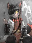  aak_(arknights) anthro arknights black_body black_hair black_nose braided_hair clothed clothing felid fur hair hi_res hypergryph looking_away male mammal multicolored_body multicolored_fur pupils red_body red_fur red_hair short_hair sitting slit_pupils solo studio_montagne video_games white_body zebra_vz 