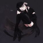  1other black_background black_hair black_legwear black_nails black_neckwear bort character_name collared_shirt gem_uniform_(houseki_no_kuni) high_heels houseki_no_kuni long_hair momo_walnut necktie shirt simple_background solo thighhighs very_long_hair 