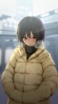  amagami bangs black_eyes black_hair black_shirt blurry blurry_background blush breath closed_mouth commentary down_jacket hair_between_eyes hands_in_pockets highres jacket light_blush looking_at_viewer masahito_(yomenu) nanasaki_ai puffer_jacket shirt short_hair turtleneck upturned_eyes yellow_jacket 