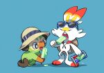  blue-framed_eyewear closed_eyes commentary_request eating gen_8_pokemon grookey hat hat_on_back hatted_pokemon hemhemhoo highres holding holding_stick licking open_mouth pokemon pokemon_(creature) scorbunny standing starter_pokemon stick sunglasses toes tongue tongue_out 