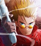  1boy bangs biskos123 black_gloves blonde_hair blue_eyes closed_mouth coat gloves gun hand_up high_collar holding holding_gun holding_weapon jewelry looking_at_viewer male_focus red_coat revolver ring round_eyewear short_hair smile solo spiked_hair sunglasses trigun upper_body v-shaped_eyebrows vash_the_stampede weapon 
