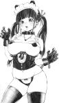  1girl absurdres bangs black_eyes black_gloves black_hair black_legwear blush breasts breasts_apart choker corset cowboy_shot gagaimo gloves greyscale hands_up heart highres large_breasts long_hair maid_headdress monochrome navel open_mouth original simple_background solo thighhighs traditional_media twintails white_background 
