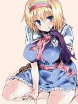 1girl :q aky_(seiga15395737) alice_margatroid bangs beige_background blonde_hair blue_dress blue_eyes bois_de_justice boots breasts brown_footwear capelet closed_mouth commentary_request cookie_(touhou) dies_irae dress eyebrows_visible_through_hair frilled_sash full_body hair_between_eyes hairband hinase_(cookie) large_breasts looking_at_viewer neckerchief pink_hairband pink_neckwear pink_sash sash shinza_bansho_series short_hair simple_background sitting smile solo suggestive_fluid tongue tongue_out touhou wariza white_capelet 