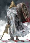  1boy absurdres alfred_(bloodborne) armor blood bloodborne bloody_clothes bloody_weapon boots brown_footwear cape facing_away full_body gauntlets gun helmet highres holding holding_gun holding_weapon male_focus nslacka over_shoulder solo standing weapon weapon_over_shoulder wheel white_cape 