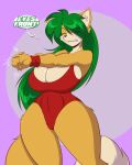  absurd_res annoyed anthro big_breasts breasts canid canine cleavage clothed clothing female fox hi_res looking_at_viewer mammal mastergodai one-piece_swimsuit solo speech_bubble stretching swimwear text 