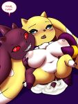  3:4 3_toes anthro areola arurri big_breasts blue_eyes blush bodily_fluids breasts brown_body brown_fur claws countershade_body cum curvaceous curvy_figure cute_fangs digimon digimon_(species) digital_media_(artwork) dipstick_ears duo english_text fak&eacute;mon fan_character feet female female/female fenekmon finger_claws floppy_ears fur furball_(artist) genital_fluids genitals hi_res horn hybrid lagomorph long_ears lopmon lopmon_x mammal markings multicolored_body multicolored_ears multicolored_fur navel neck_fur nipples nude open_mouth presenting pussy red_eyes red_sclera sex short_stack simple_background smile snaggle_tooth speech_bubble terriermon text thick_thighs toe_claws toes tuft two_tone_body two_tone_fur vaginal voluptuous white_body white_fur yellow_body yellow_fur 