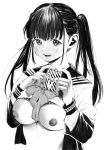  1girl absurdres bangs black_eyes black_hair black_sailor_collar box breasts crosshatching gagaimo gift gift_box greyscale hands_up hatching_(texture) highres long_hair long_sleeves looking_at_viewer medium_breasts monochrome nipples open_mouth original ribbon sailor_collar shadow shirt_lift simple_background smile solo traditional_media twintails upper_body white_background 