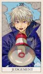  1boy bangs beige_border blue_jacket blue_sky border buttons commentary day emphasis_lines english_commentary english_text facial_mark hand_up high_collar highres holding holding_megaphone inumaki_toge jacket jpeg_artifacts judgement_(tarot) jujutsu_kaisen kadeart long_sleeves looking_at_viewer male_focus megaphone open_mouth outdoors purple_eyes roman_numeral short_hair shouting sky solo standing tarot teeth tongue upper_body v-shaped_eyebrows white_hair 