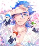  2bro. 3boys anija_(2bro.) artist_name blue_hair chibi collarbone everyone formal green_hair hair_between_eyes hand_up headphones highres male_focus multiple_boys necktie otoja otsuichi_(2bro.) petals red_hair shirt short_hair sitting spiked_hair suit sunglasses thick_eyebrows white_shirt yoru_(butterflykixx) 