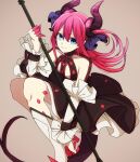  1girl black_skirt blue_eyes boots closed_mouth detached_sleeves dragon_girl dress eiku elizabeth_bathory_(fate) elizabeth_bathory_(fate)_(all) fate/grand_order fate_(series) hair_between_eyes highres holding holding_polearm holding_weapon horns knee_boots layered_skirt long_hair looking_at_viewer pink_hair pointy_ears polearm ribbon skirt smile solo tail tan_background weapon wrist_cuffs 