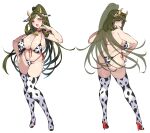  1girl absurdres animal_ears animal_print ass bangs bare_shoulders bell bikini blush boots breasts brown_hair cleavage closed_mouth collar commentary_request cow_ears eyebrows_visible_through_hair fake_animal_ears fake_horns full_body gan_(shanimuni) hair_ornament hand_on_hip high_heels highleg highleg_bikini highres horns large_breasts lips lipstick long_hair looking_at_viewer looking_back makeup mole mole_on_breast mole_under_eye multiple_views navel neck_bell open_mouth original ponytail purple_eyes red_lips shiny shiny_hair shiny_skin simple_background smile stomach swimsuit thigh_boots thighhighs thighs tied_hair turnaround white_background 