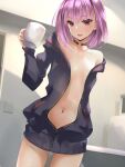  1girl bangs bare_shoulders black_jacket blush breasts center_opening choker collarbone cup fate/grand_order fate_(series) helena_blavatsky_(fate) highres jacket looking_at_viewer mug navel open_mouth purple_eyes purple_hair sakazakinchan short_hair small_breasts smile thighs 