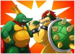  2018 4_fingers abstract_background anthro arm_wrestling armband belly belly_scales biceps big_belly border bowser bracelet cape cape_only claws clothing collar collar_only crocodile crocodilian crocodylid crown digital_media_(artwork) donkey_kong_(series) duo eyebrows fangs featureless_crotch finger_claws fingers fist green_body green_scales grin hair horn jewelry king king_k._rool koopa male mario_bros mostly_nude multicolored_body multicolored_scales musclegut muscular muscular_anthro muscular_male navel nintendo nude outie_navel overweight overweight_anthro overweight_male pecs playful red_eyebrows red_hair reptile royalty scales scalie shadowninja976 sharp_teeth shell side_view signature smile spiked_armband spiked_bracelet spiked_collar spiked_shell spikes spikes_(anatomy) tan_body tan_scales teeth thick_thighs video_games white_border white_claws yellow_body yellow_scales 