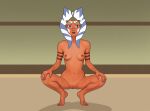  5_fingers 5_toes ahsoka_tano alien alien_humanoid anaxus areola arm_markings blue_eyes breasts clone_wars crouching facial_markings feet female fingers genitals head_markings hi_res humanoid lekku_(anatomy) looking_at_viewer markings navel nipples nude orange_body pussy solo star_wars toes togruta 