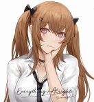  1girl artist_name bangs black_bow black_choker black_neckwear blush bow breasts brown_hair choker closed_mouth commentary_request english_text eyebrows_visible_through_hair girls_frontline hair_bow hand_on_head long_hair looking_at_viewer necktie purple_eyes scar scar_across_eye selcky shirt solo twintails ump9_(girls_frontline) uwu white_background white_shirt 