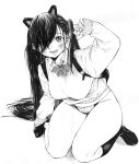  1girl absurdres animal_ears arm_up backpack bag black_hair black_legwear breasts cat_ears collared_shirt crosshatching fake_animal_ears gagaimo greyscale hair_over_one_eye hatching_(texture) highres long_hair medium_breasts monochrome original panties shadow shirt simple_background socks solo sweater underwear very_long_hair white_background 