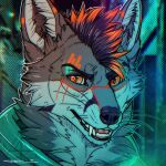  1:1 anthro canid canine clothed clothing cyberpunk_2077 digital_media_(artwork) fluffy fox fur hair killingtea looking_at_viewer male mammal open_mouth simple_background smile solo stripefox stripes teeth teeth_showing ti-killa tongue video_games 