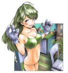  1girl absurdres bangs blue_eyes blush breasts chair covered_nipples cowboy_shot gagaimo gloves green_hair green_sports_bra hands_up highres leaf long_hair looking_at_viewer marker_(medium) medium_breasts navel open_mouth original panties plant shelf smile solo sports_bra traditional_media underwear 