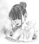  1girl absurdres bangs black_hair blush breasts cleavage gagaimo greyscale hair_bun highres monochrome open_mouth original partially_submerged solo steam traditional_media upper_body wet 