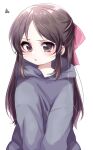  1girl bangs blush bow brown_eyes brown_hair commentary_request grey_hoodie hair_bow hood hood_down hoodie idolmaster idolmaster_cinderella_girls long_hair looking_away looking_to_the_side parted_bangs parted_lips pink_bow simple_background solo squiggle tachibana_arisu upper_body very_long_hair white_background yumeno_(rubbercup) 