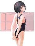  absurdres amagami arms_behind_back back_cutout bangs bkhayatej black_hair black_swimsuit blue_eyes blue_swimsuit breasts closed_eyes clothing_cutout commentary competition_swimsuit cowboy_shot from_behind hair_between_eyes highleg highleg_swimsuit highres looking_at_viewer messy_hair nanasaki_ai one-piece_swimsuit outside_border short_hair small_breasts standing swimsuit two-tone_swimsuit window 