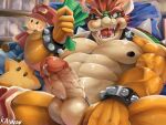  2021 4:3 abs accessory anthro balls big_muscles bodily_fluids bowser bracelet cigar cock_ring collar erection eyebrows genital_piercing genitals hair horn humanoid_genitalia humanoid_penis jewelry kannonshindo koopa looking_at_viewer male mario mario_bros money muscular muscular_anthro muscular_male nintendo nipples nude open_mouth open_smile pecs penis penis_accessory penis_jewelry penis_piercing piercing plushie prince_albert_piercing scalie shell sitting smile solo spiked_bracelet spiked_collar spiked_shell spikes spikes_(anatomy) star sweat video_games 