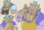  2021 anthro blue_hair brown_body brown_fur exe_exem fur gouryou hair humanoid_hands kemono male mammal one_eye_closed overweight overweight_male simple_background solo suid suina sus_(pig) tokyo_afterschool_summoners video_games wild_boar wink 