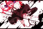  1girl black_dress blood blue_eyes boots detached_sleeves dress eiku elizabeth_bathory_(fate) elizabeth_bathory_(fate)_(all) eyebrows_visible_through_hair fang fate/grand_order fate_(series) hair_between_eyes highres holding holding_polearm holding_weapon horns knee_boots layered_dress long_hair looking_at_viewer open_mouth pink_hair pointy_ears polearm purple_ribbon ribbon solo weapon white_background white_sleeves 
