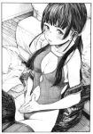  1girl absurdres bangs black_hair black_skirt blush breasts cleavage couch cowboy_shot crosshatching gagaimo greyscale hands_together hatching_(texture) highres long_hair looking_at_viewer medium_breasts monochrome one-piece_swimsuit original parted_lips sitting skirt solo swimsuit traditional_media 