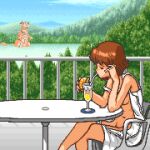  1girl adjusting_hair bangs blunt_bangs bob_cut breasts brown_hair closed_eyes coaster commentary crossed_legs dress drinking drinking_straw elbows_on_table eleking exhibitionism foliage food fruit game_console goblet groin holding holding_food ice kaori_(super_real_mahjong) lake monster mountain mountainous_horizon no_bra no_panties on_chair open_clothes open_dress oppai_challenge orange_(food) orange_slice patio_chair pixel_art railing saiwai_hiroshi short_dress sideboob sitting sitting_on_ground sky sleeveless sleeveless_dress small_breasts solo sundress super_famicom super_real_mahjong super_real_mahjong_p4 table ultra_seven_(series) unzipped white_dress 
