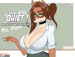  4:3 anthro big_breasts breasts brown_hair canid canine choker cleavage clothed clothing english_text erect_nipples eyewear female fox foxicube glasses green_eyes hair jewelry mammal necklace nipples ponytail solo text 