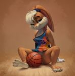  2021 anthro ball basketball_(ball) blue_eyes bottomless buckteeth clothed clothing convenient_censorship female fur hi_res lagomorph leporid lola_bunny looking_at_viewer looney_tunes mammal one_eye_closed pink_nose rabbit s1m shirt signature sitting solo space_jam space_jam:_a_new_legacy spread_legs spreading tank_top teeth topwear warner_brothers wink 